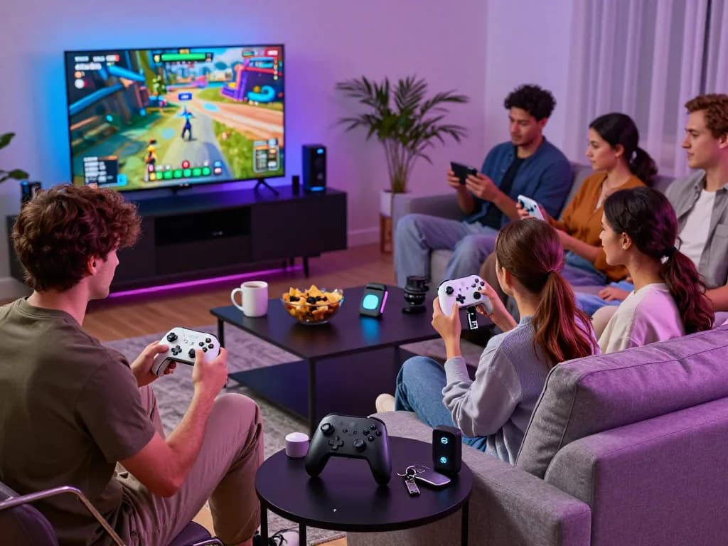 Engaging scene of friends using trending tech gadgets, including Bluetooth devices, in a modern living room atmosphere.