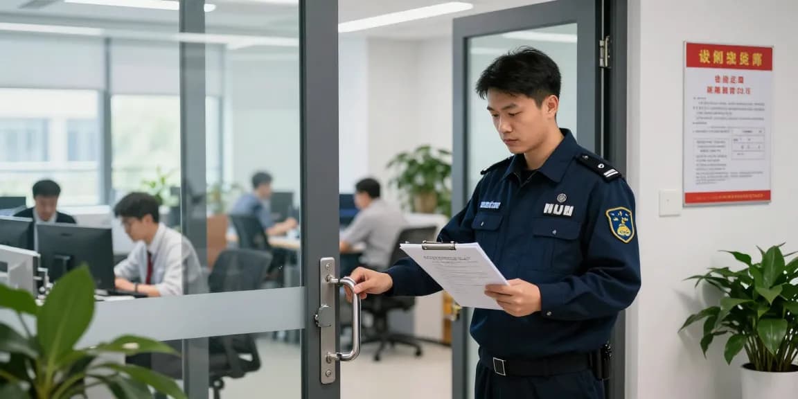 Safety officer inspecting a commercial exit door in an office.