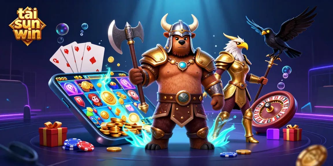 Experience the thrill of tải sun win with a dynamic scene featuring slot games, gold coins, and heroic characters.