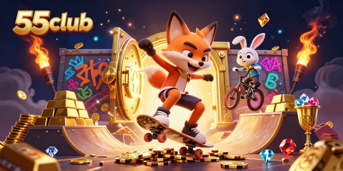 Experience thrilling gaming action at 55club with animated fox and rabbit in a vibrant casino scene.