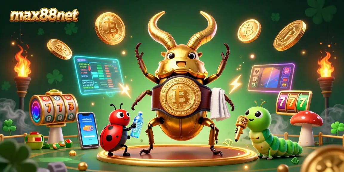 Engage with max88net's vibrant casino scene featuring a golden stag beetle and cryptocurrency elements.
