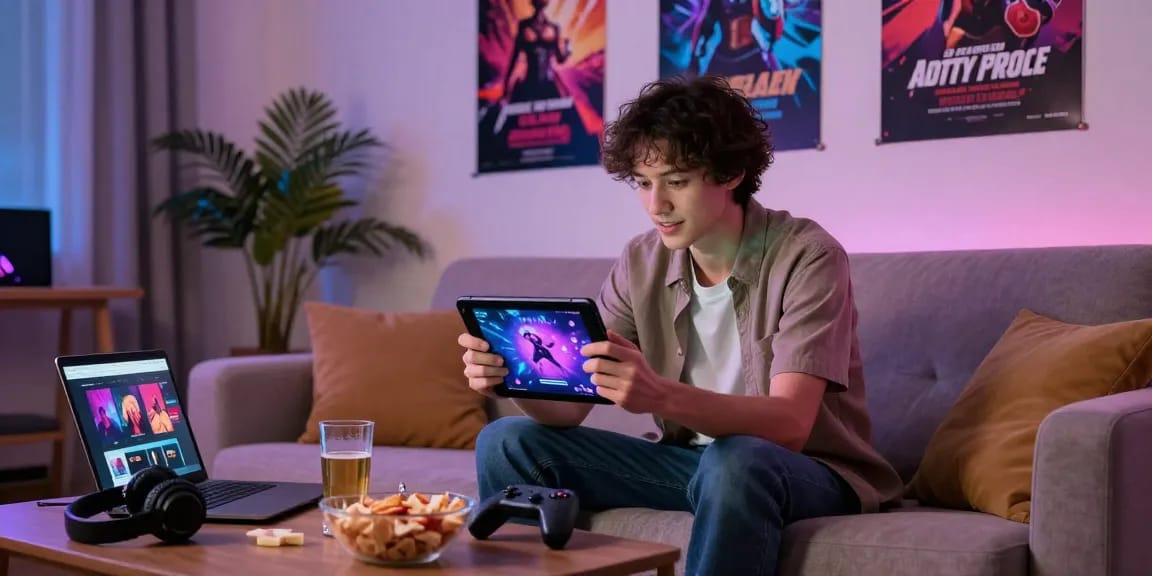 Engaging scene of an individual playing sex games online in a cozy home setting with gaming accessories.
