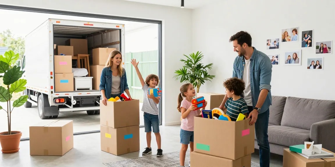 Family unpacking boxes during home moving services in a bright living room