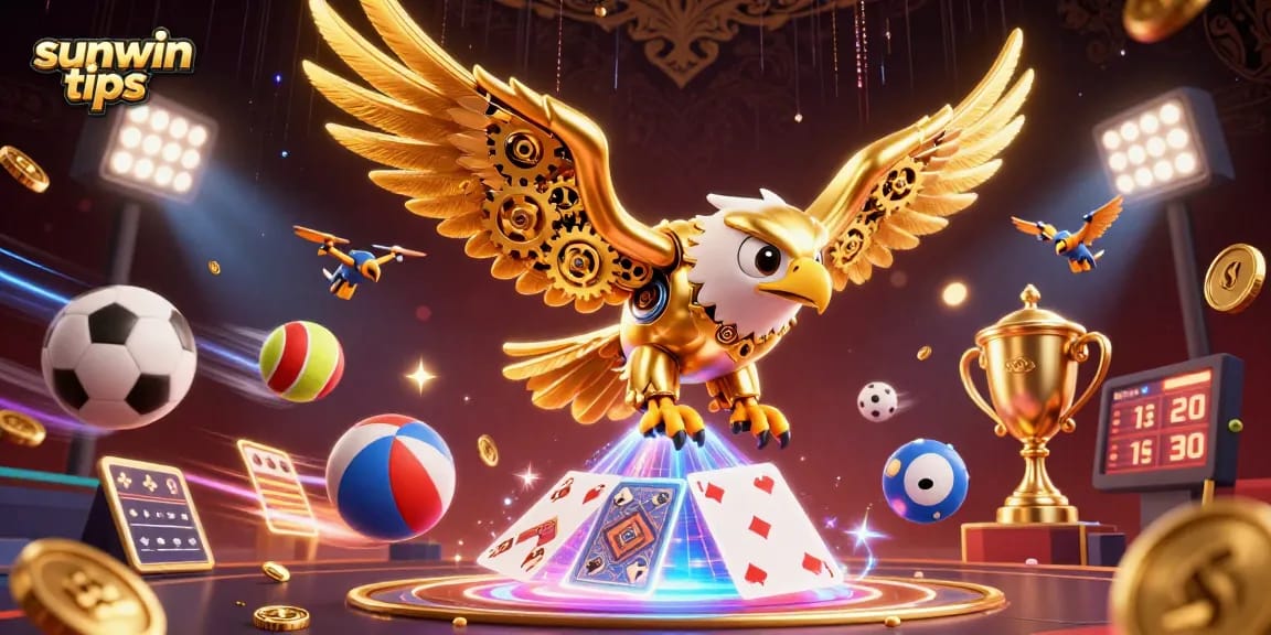 Immerse yourself in sunwin tips as a golden eagle dives through holographic cards amidst dynamic sports elements.