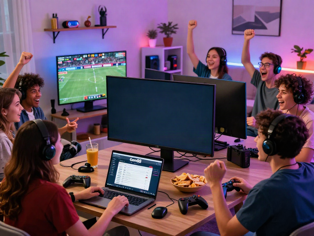 Friends enjoying online gaming and sports betting on Gem88 in a lively living room.