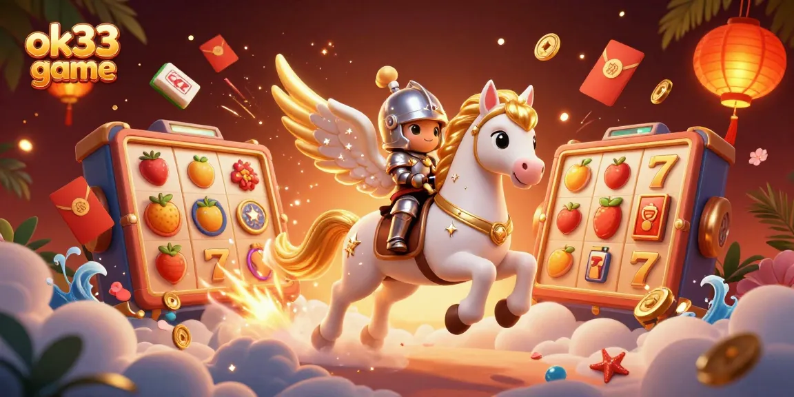 Engage with the exciting ok33 game in a lively 3D casino scene featuring vibrant slot reels and characters.