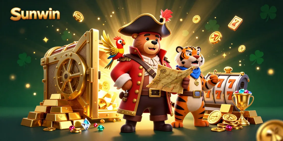 Experience the thrill of sunwin casino with a dynamic pirate-themed treasure scene, including slot machines and gold treasures.
