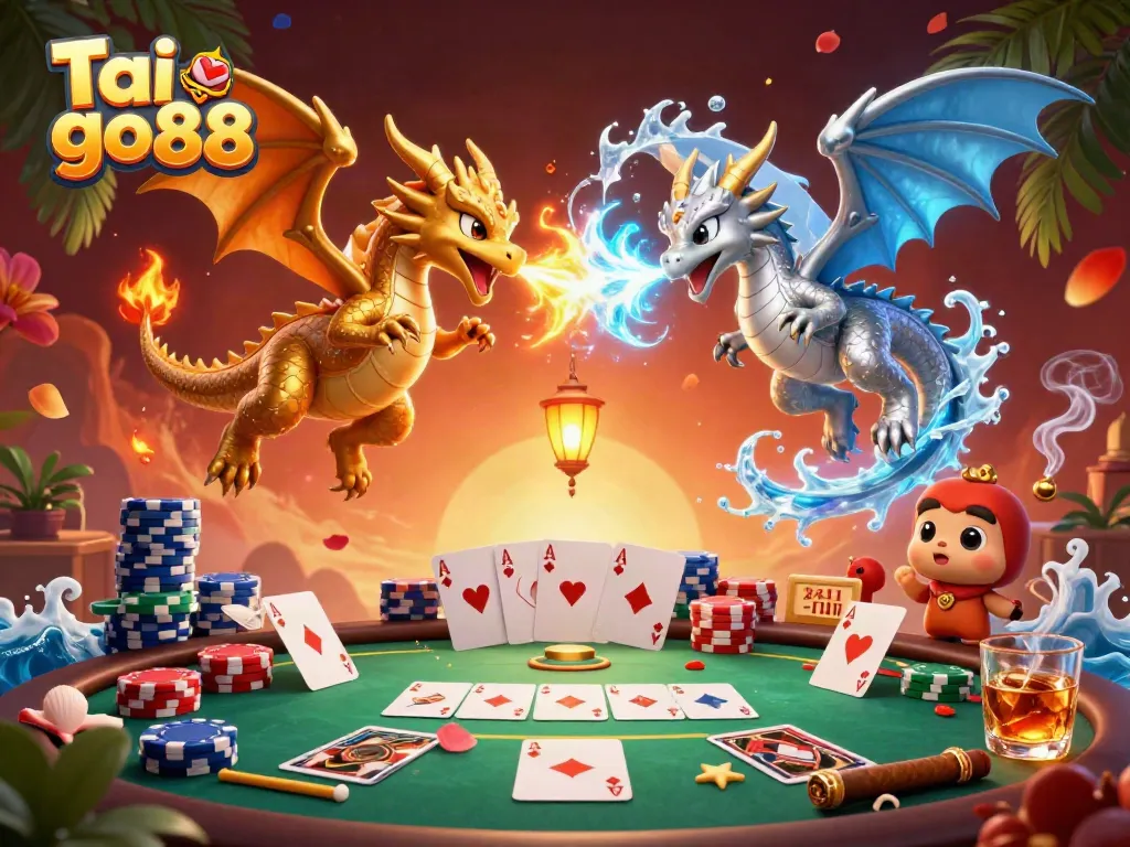 Experience Tai go88 with twin dragons battling through fire and ice, surrounded by rich poker elements.