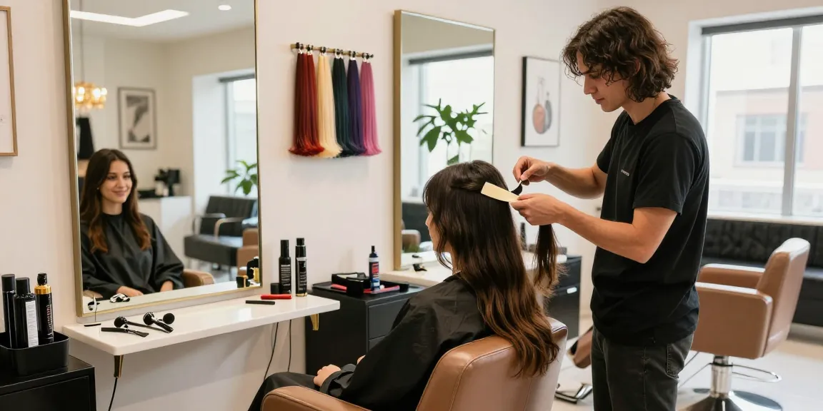 Tape in hair extensions being applied in a luxurious salon setting with natural light.