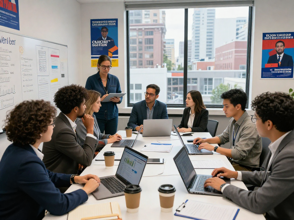 Ballot measure campaign agency strategizing in a vibrant office setting with diverse team members and campaign materials.