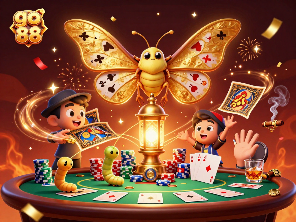 Win big with go 88! Enjoy multi-colored poker chips and golden elements in a vibrant casino scene.