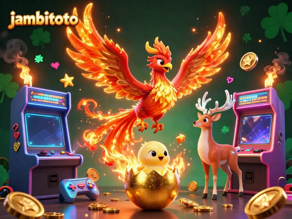 Engage with Jambitoto's vibrant gaming scene featuring a majestic phoenix, magical stag, and dynamic gaming elements.