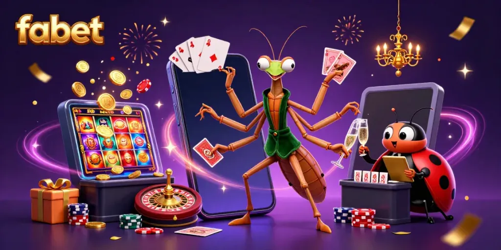 Engaging fabet casino scene with a giant mantis card sharp, ladybug pit boss, and vibrant casino elements.