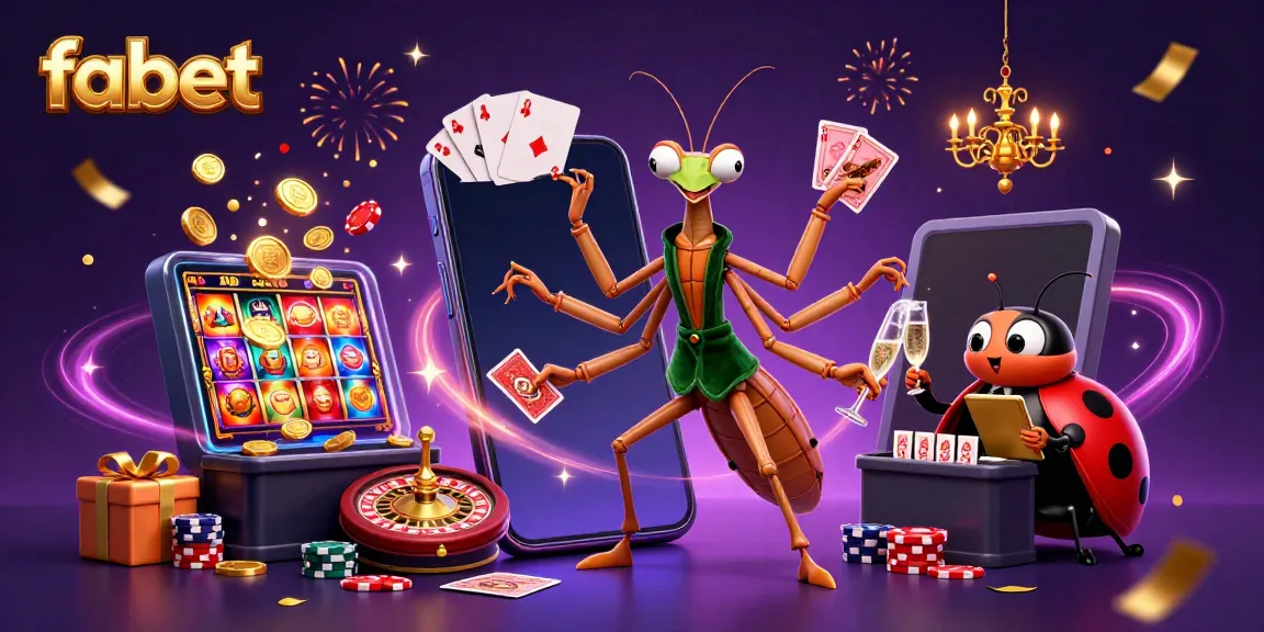 Engaging fabet casino scene with a giant mantis card sharp, ladybug pit boss, and vibrant casino elements.