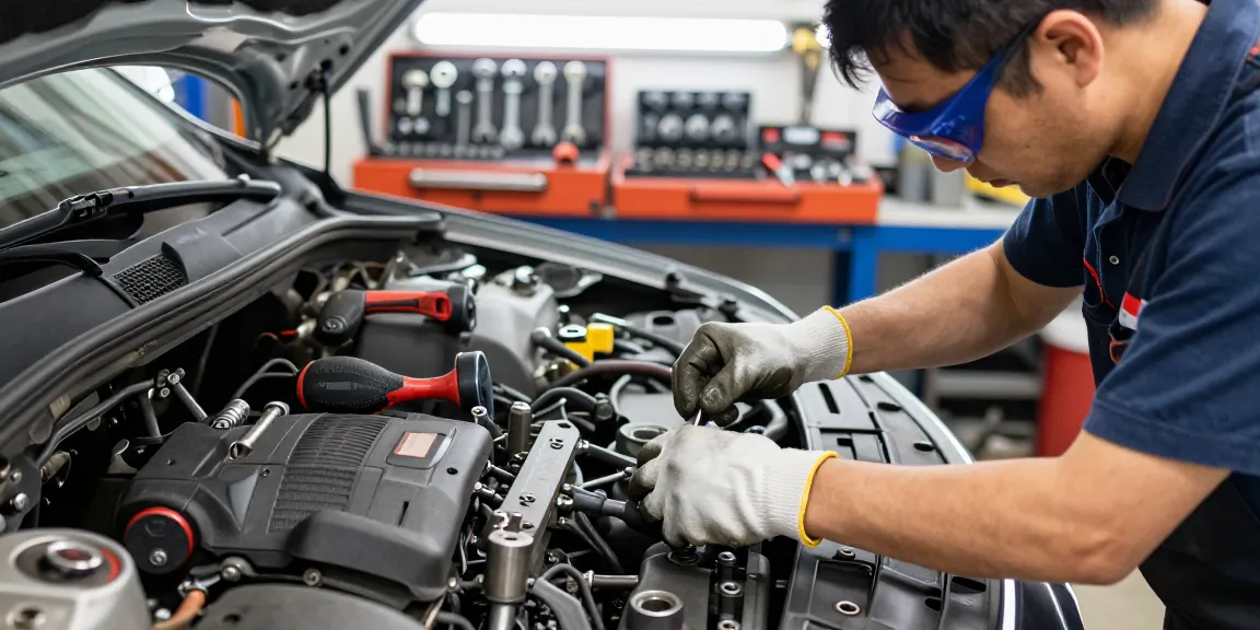 Mechanic using ks tools to repair a car engine in a well-lit workshop