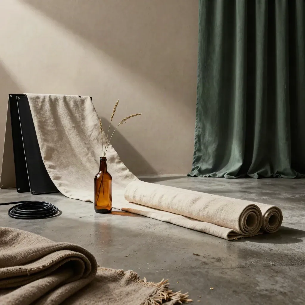 Eco production tableau with linen, amber bottle, grasses, cable, reflector panels and sound blanket.