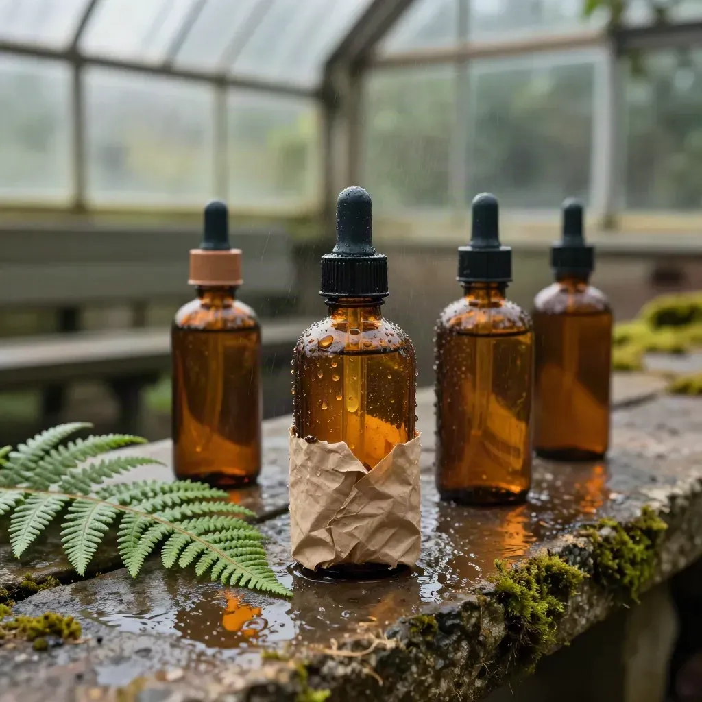 Amber skincare bottles with fern fronds on wet river stone in a humid greenhouse.