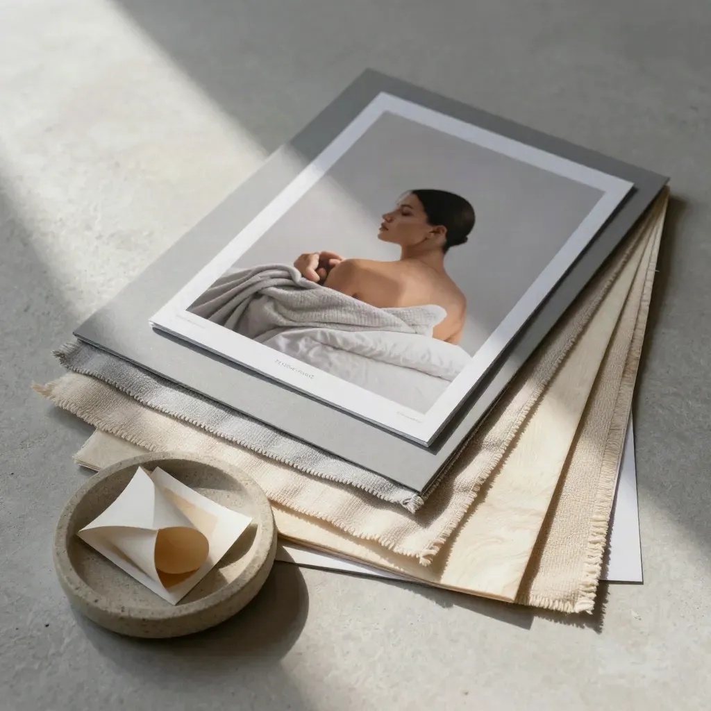 Top-down still life of campaign prints, linen swatches, and a stone dish on a plaster surface.