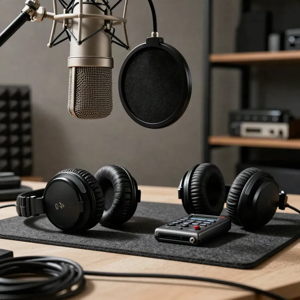 Microphone, pop filter, headphones and field recorder on felt mat in a dim basement studio