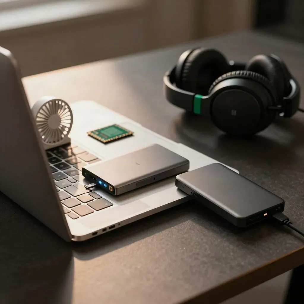 Closed laptop, SSD, color chips, and headphones on a dark editing desk in warm light.