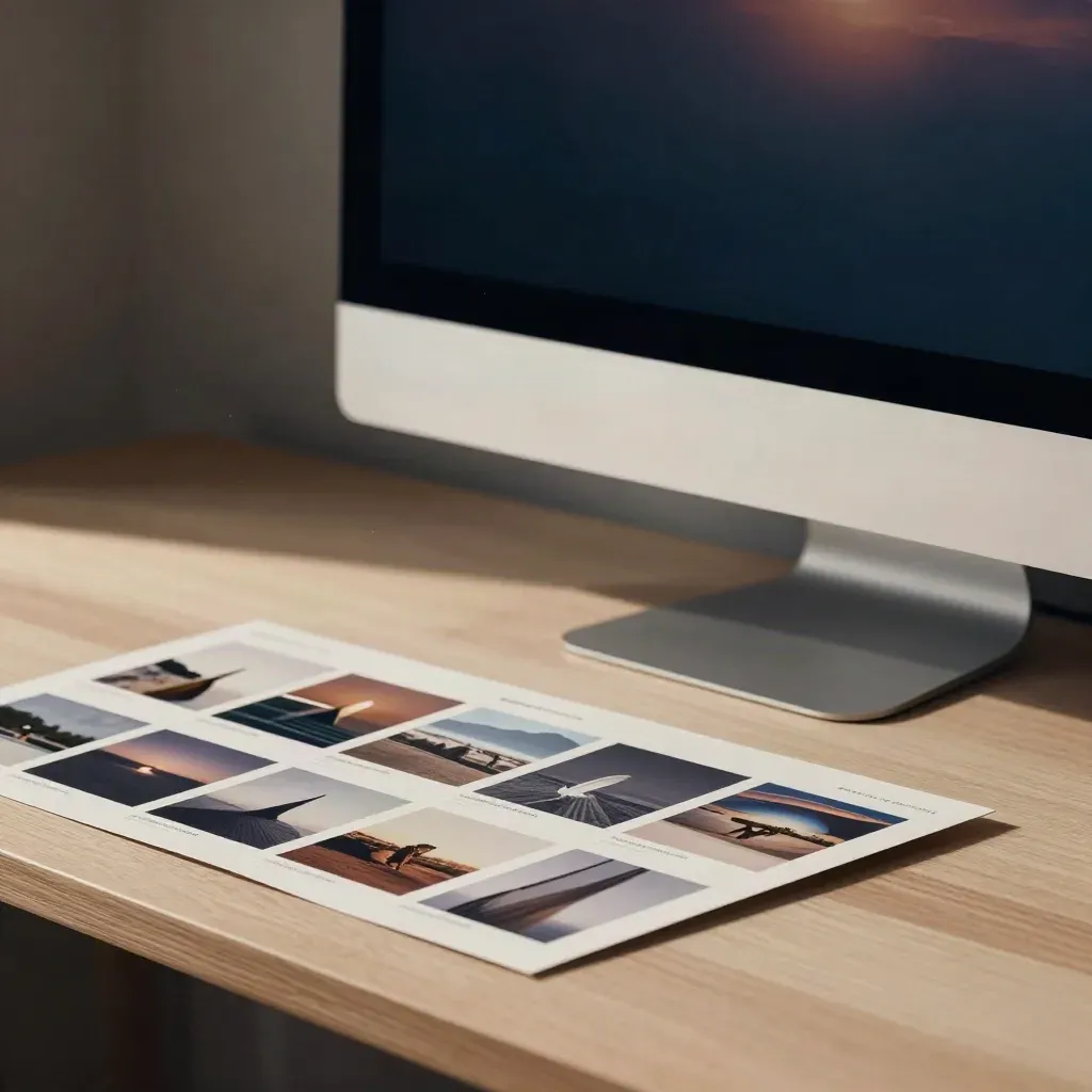 Monitor, tablet stand, image tiles and linen swatch on a pale desk in soft light.