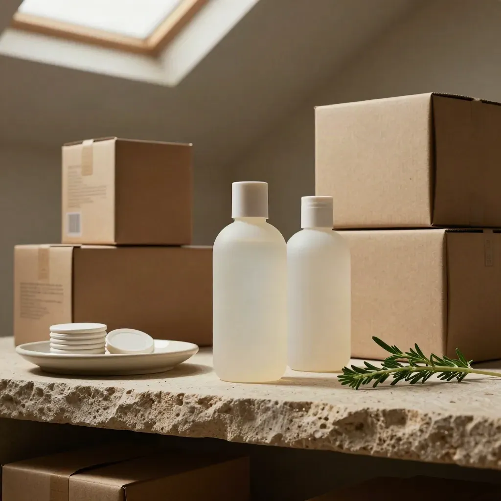 Refill bottles, kraft cartons, ceramic tray, and herbs on a stone plinth in a calm packing studio.