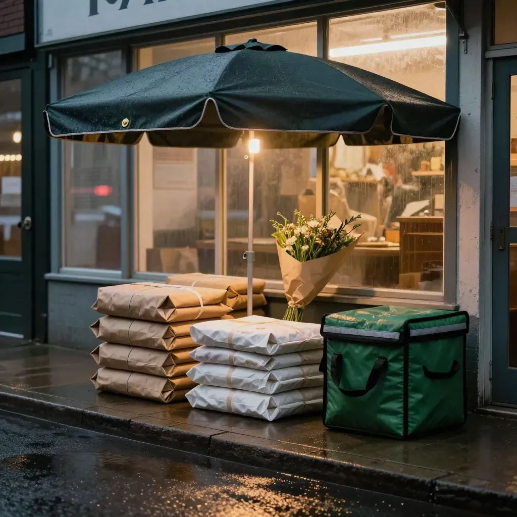 Rainy dusk storefront curb with market launch kit, packages, bouquet, and green tote