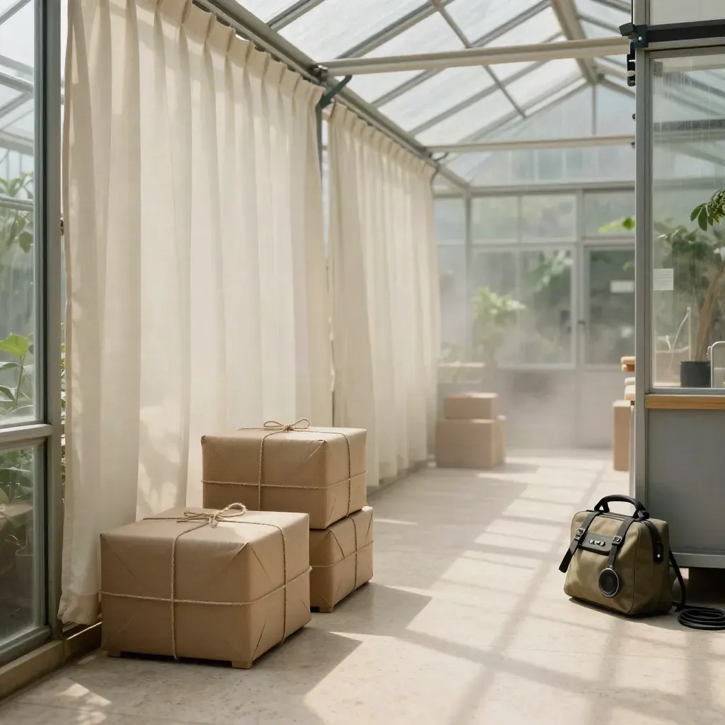 Greenhouse aisle with wrapped crates, diffusion curtains, and an audio bag in humid mist.