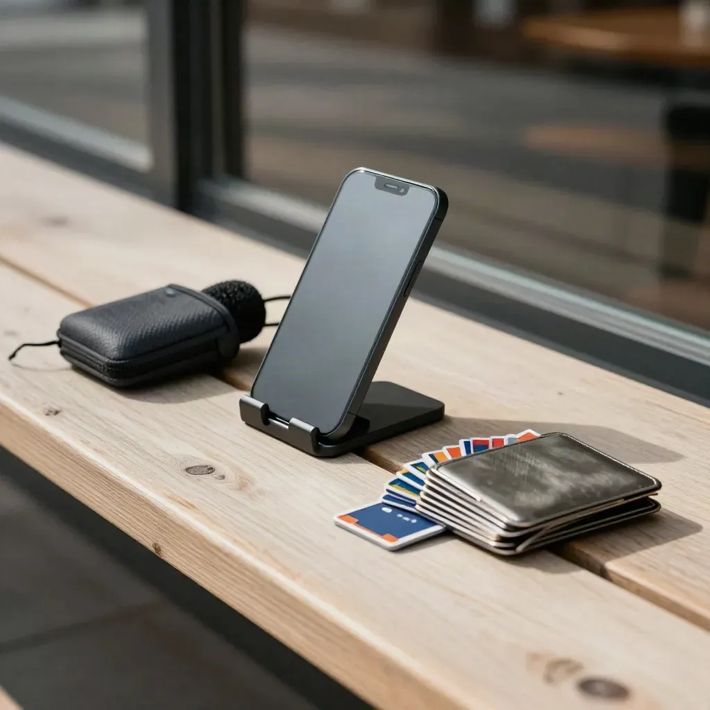 Slate mic kit, phone stand, and memory cards on a café bench, caught in a breezy queue-up moment.