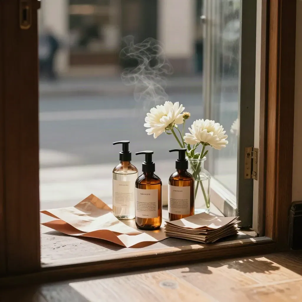 Refill bottles, blooms, and kraft tissue staged at a boutique doorway in warm morning light.