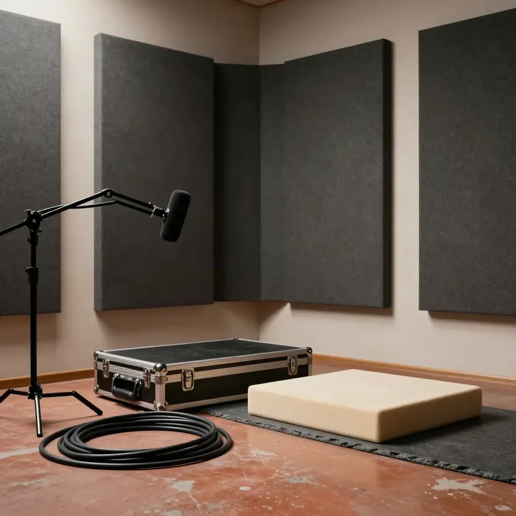 Low floor view of a podcast room corner with acoustic panels, boom arm and closed road case