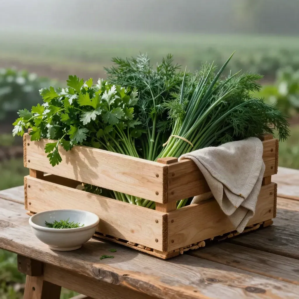 Herb crate, ceramic bowl and linen wrap on a misty market stall at dawn.