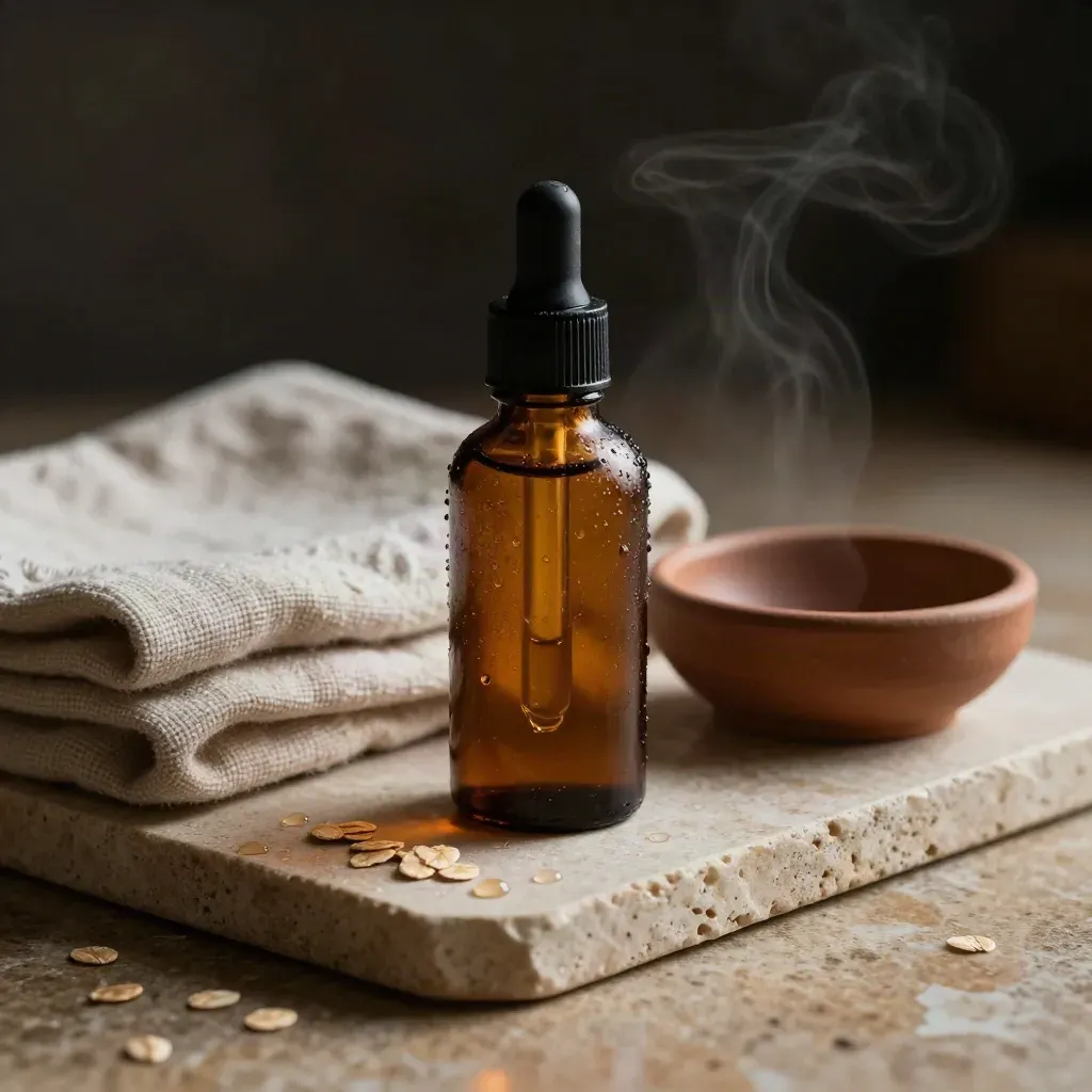 Misted frosted wellness bottle, amber dropper, stone tray and folded cloth in warm side light.