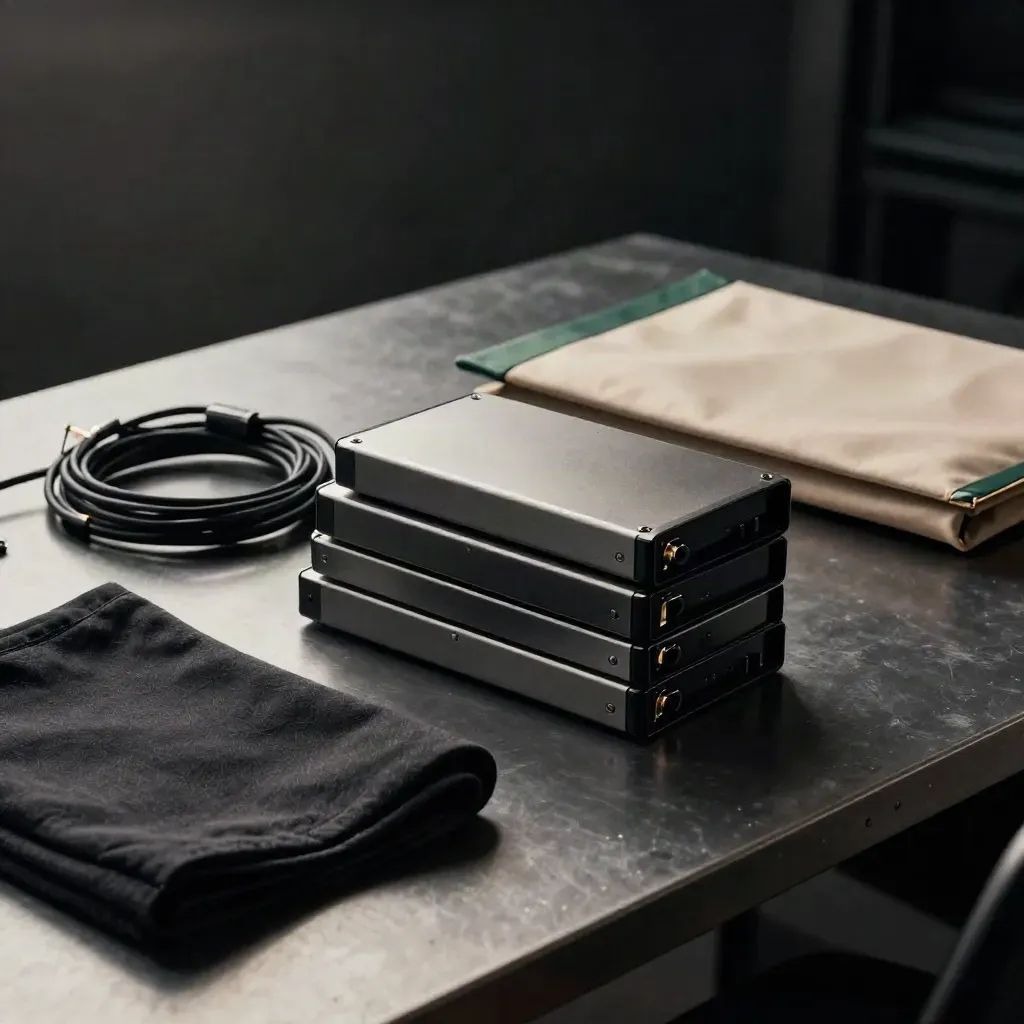 Stacked export drives, audio cable and blackout cloth on a dark workstation, glowing softly in haze