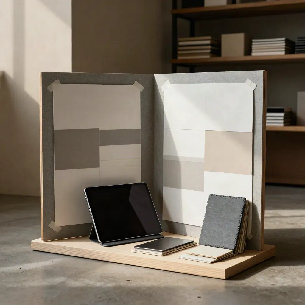 Studio planning corner with mockup boards, tablet stand, and sample materials in soft window light