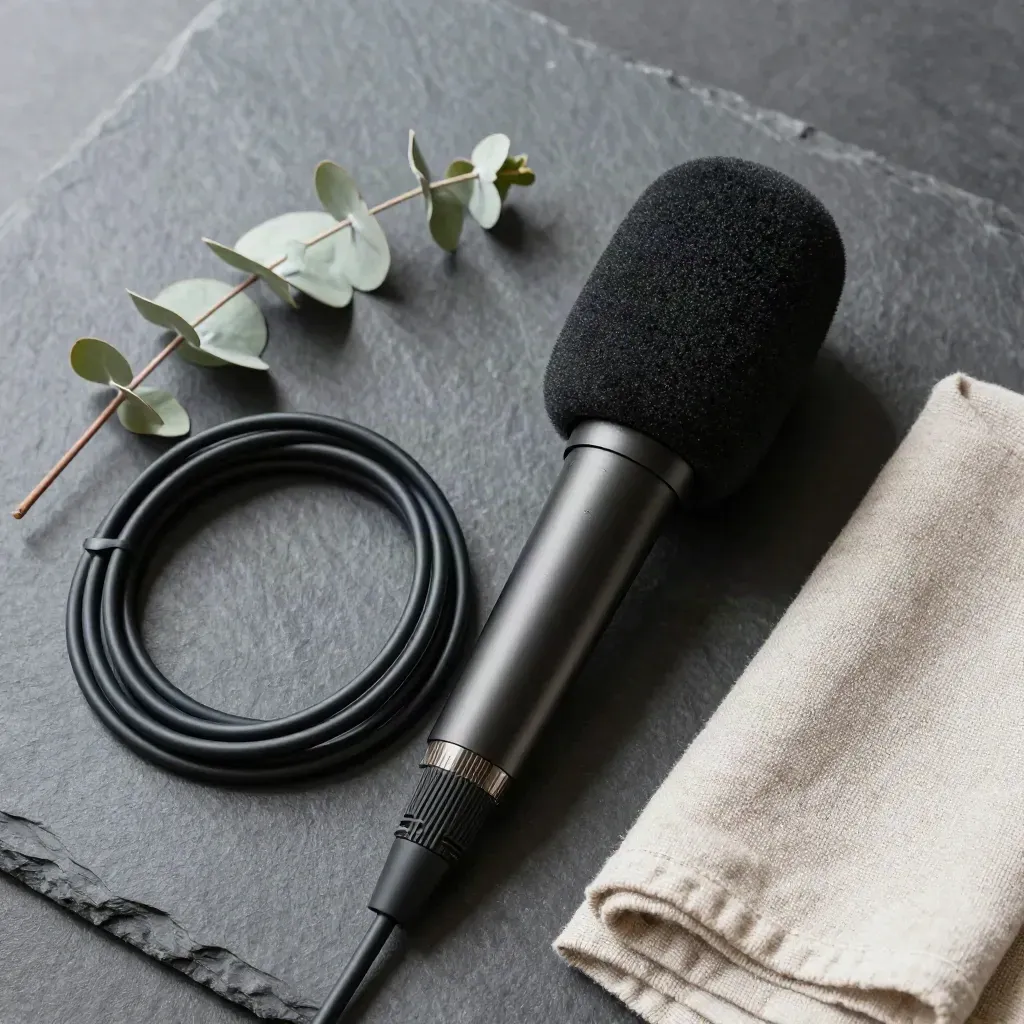 Overhead still life of a shotgun mic, coiled cable, eucalyptus sprig, and linen cloth on slate.