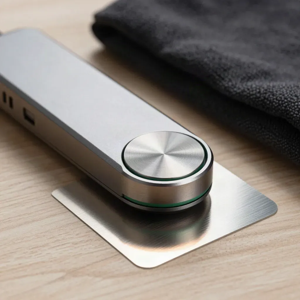 Brushed edit wheel, external drive, and dark cloth on pale ash wood with a faint green glow.