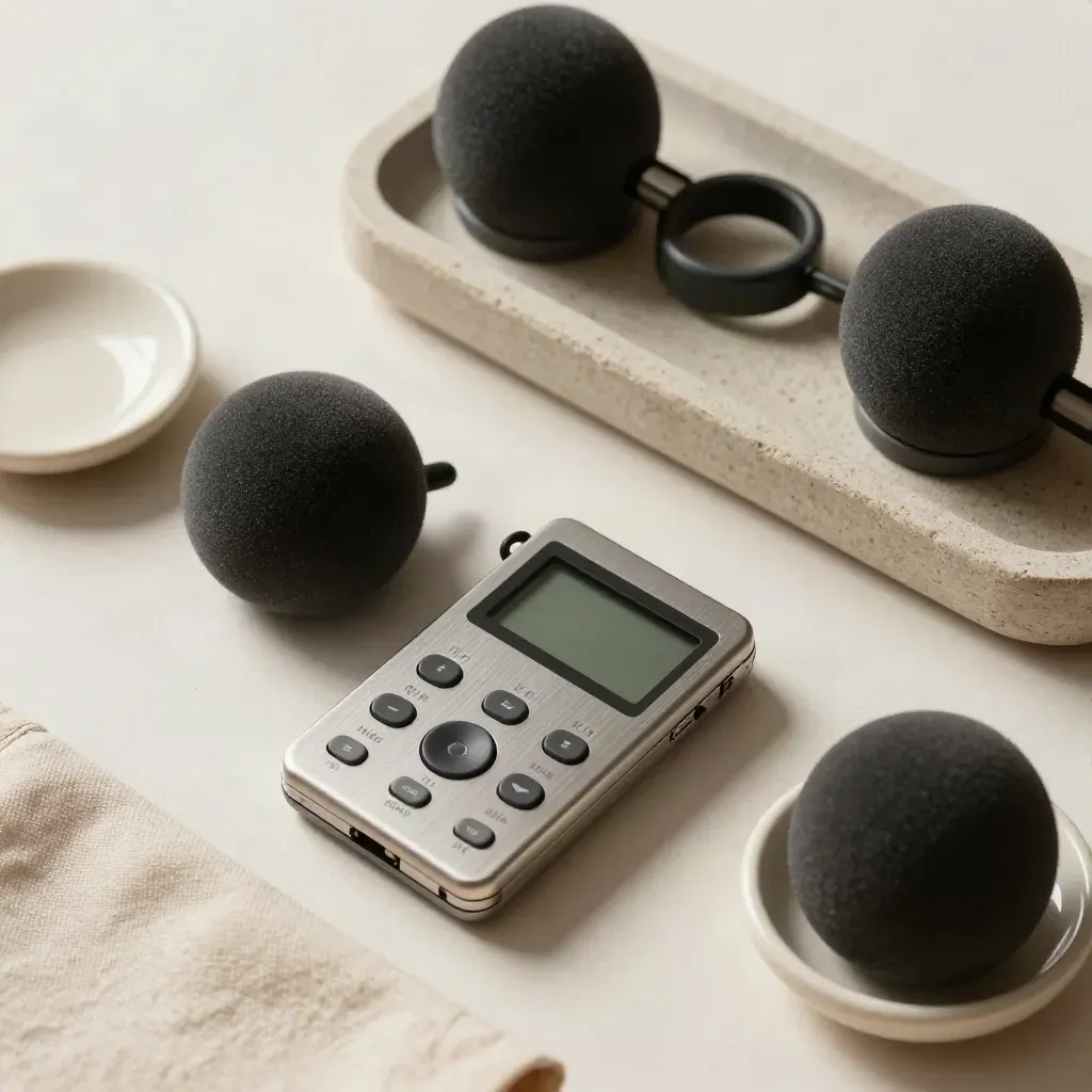 Podcast recorder with pop filter ring, windscreens, and ceramic dish on plaster.