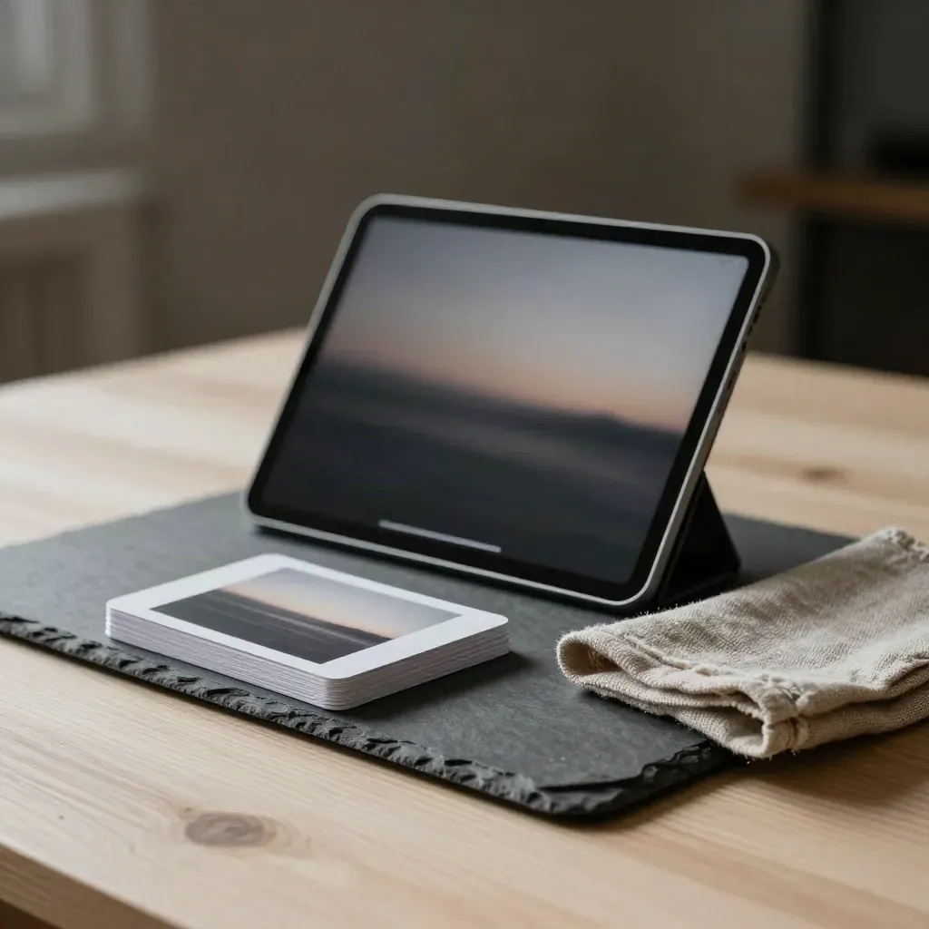 Tablet on a stand with image cards and linen on pale wood in soft studio light.