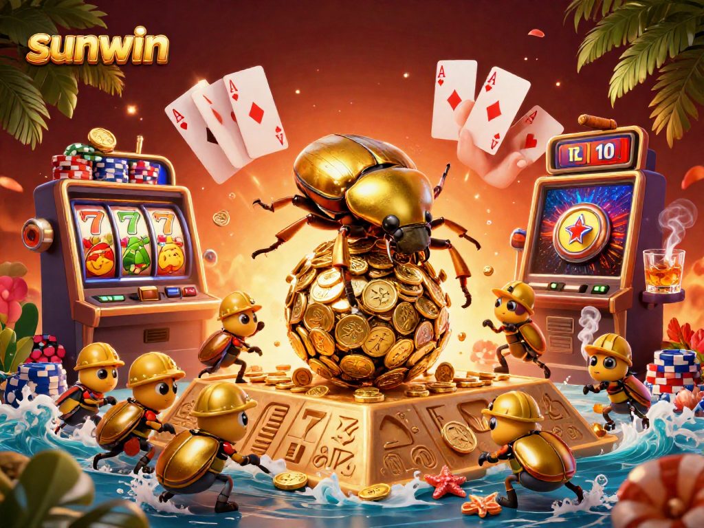 sunwin showcases a golden beetle rolling coins, highlighting casino jackpots and vibrant games.
