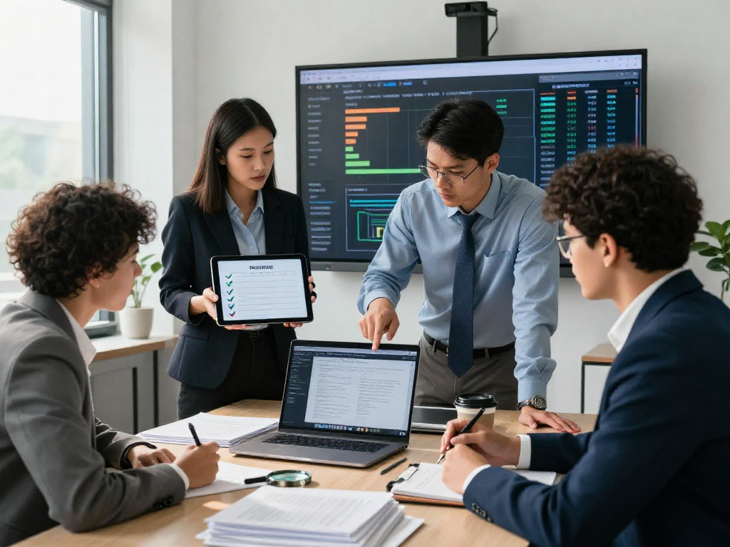 Scene depicting professionals collaborating on document fraud detection strategies in a modern office setting.