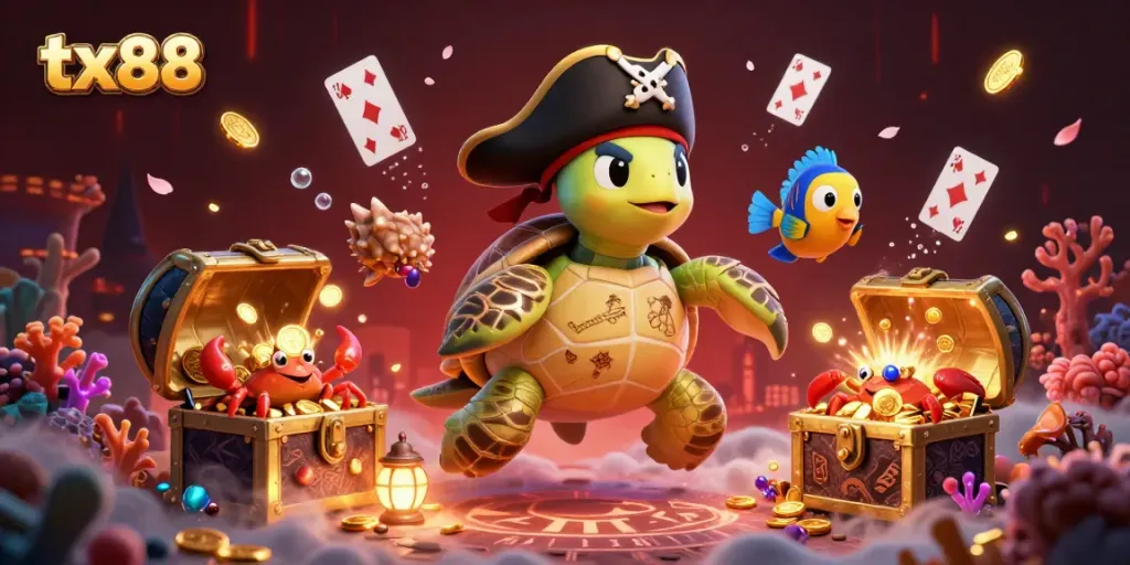 Experience thrilling casino adventures with tx88 as a playful pirate turtle and friends discover hidden treasures.