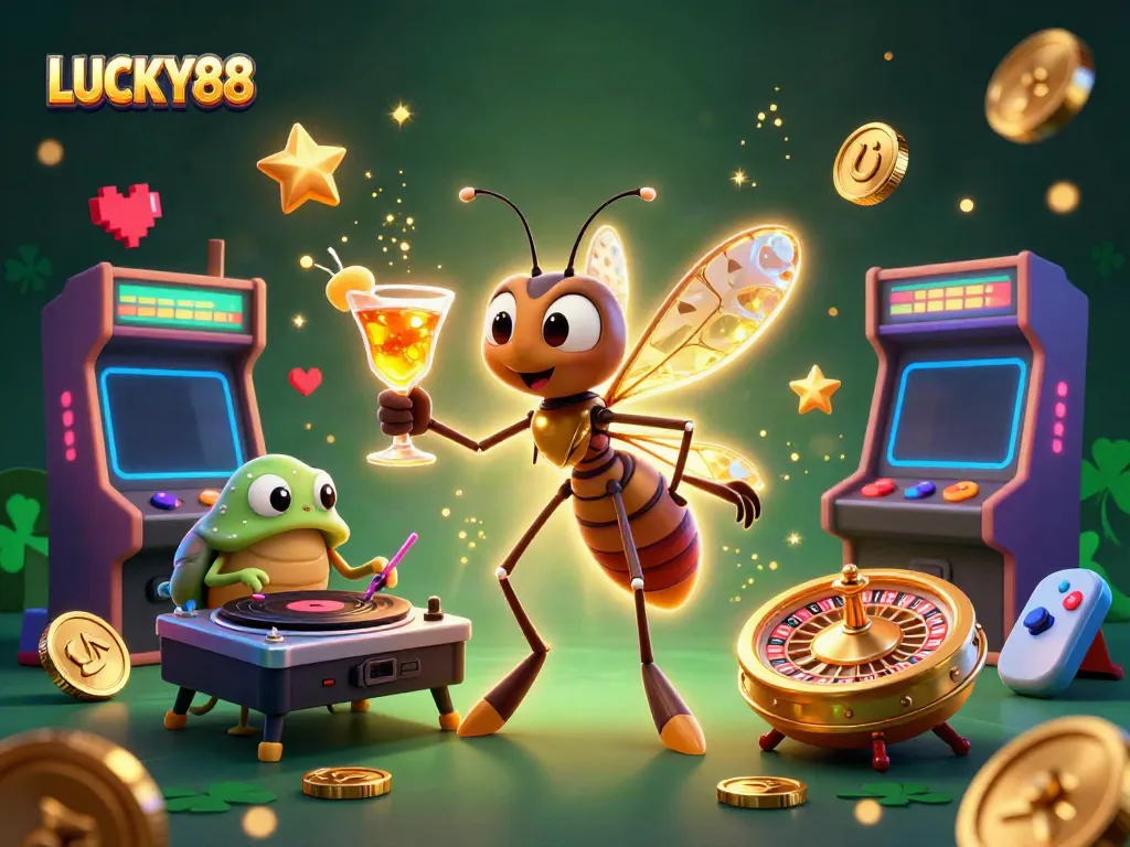 Experience the vibrant world of LUCKY88 with a vivid casino scene featuring unique characters.