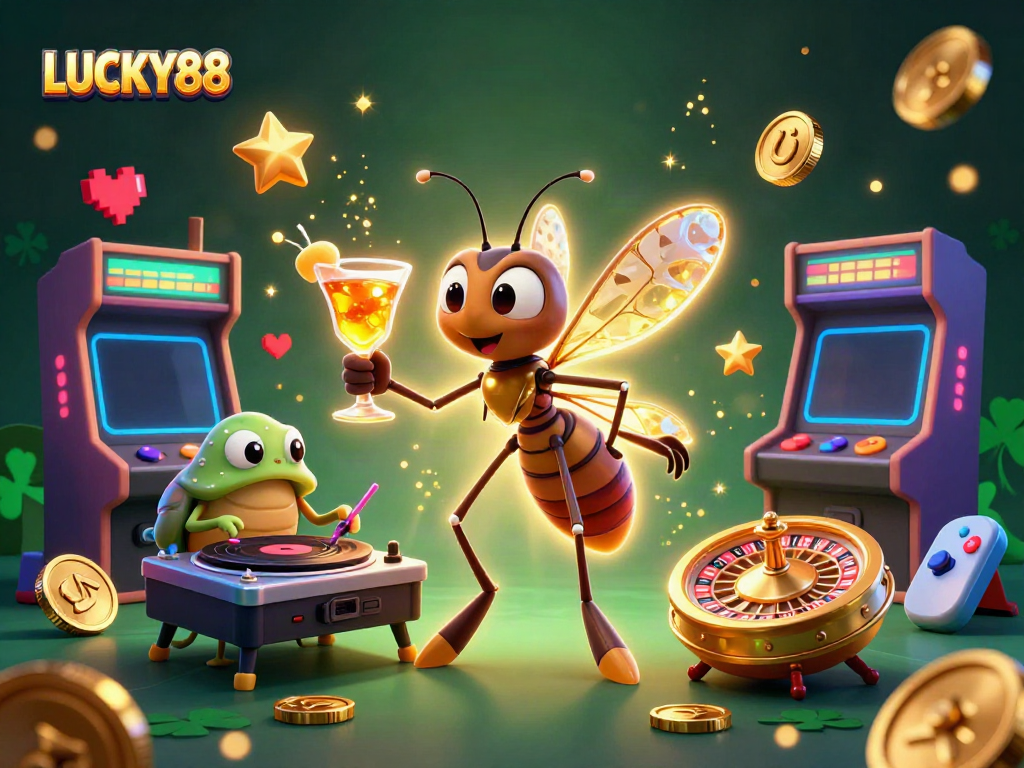 Experience the vibrant world of LUCKY88 with a vivid casino scene featuring unique characters.