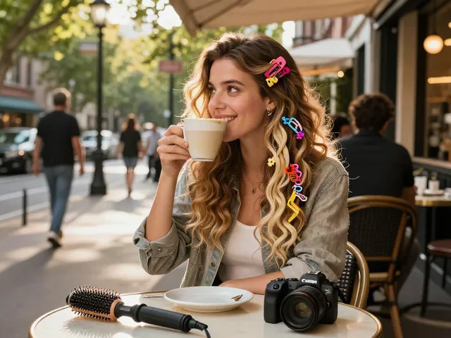 Vibrant woman displaying human hair clip ins while enjoying coffee at a sunny café.