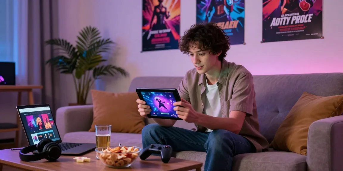 Engaging scene of an individual playing sex games online in a cozy home setting with gaming accessories.