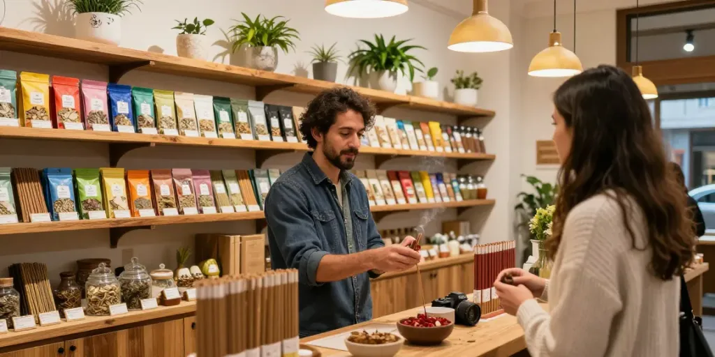 Herbal incense sales atmosphere with shopkeeper assisting customer in cozy herbal shop.