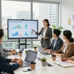 Team of recruiters collaborating on staffing strategies for search firms in a modern office.