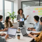 Dynamic team brainstorming AI NSFW applications in a modern office.