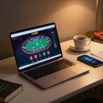 Engaging online poker action on cm88 displayed on a stylish laptop in a cozy gaming setup.